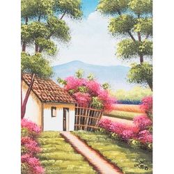 Magical Landscape,'Stretched Oil Impressionist Painting of House and Trees'