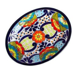 Raining Flowers,'Mexican Talavera Ceramic Oval Serving Plate'