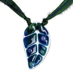 Blue Rain Forest Drop,'Dark Blue Glass Leaf Pendant Necklace with Ribbon'