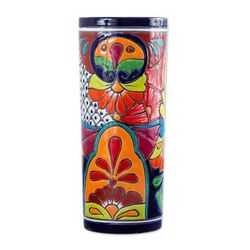 'Cylindrical Talavera-Style Ceramic Vase from Mexico'