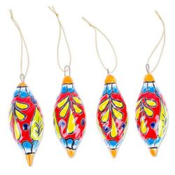 Scarlet Ambience,'Handcrafted Talavera Ceramic Ornaments in Scarlet (Set of 4)'