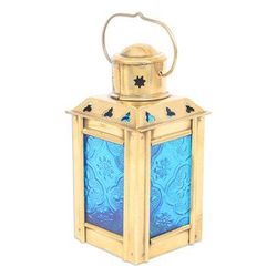 Lantern in Blue,'Blue Pressed Glass and Brass Tealight Lantern'