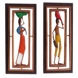 Northeastern I,'Handcrafted Wood Relief Panels of Brazilian Workers (Pair)'