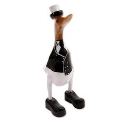Captain Duck in Black,'Acacia Wood and Bamboo Root Duck Captain Sculpture from Bali'