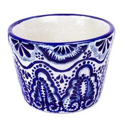 Cobalt Plume,'Handmade Talavera-Style Flower Pot'