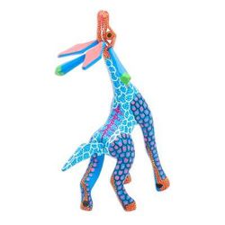 Stargazing Giraffe in Blue,'Wood Giraffe Alebrije Hand Painted in Blue and Ochre'