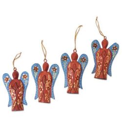 Festive Heaven,'Set of 4 Suar Wood Hand-Painted Angel Ornaments'