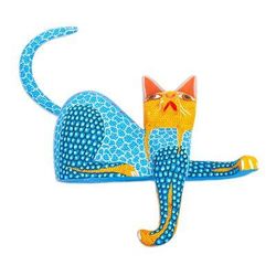 My Domain in Blue,'Copal Wood Cat Alebrije in Blue for Shelves from Oaxaca'