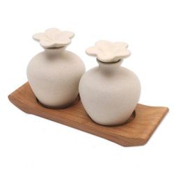 Blooming Frangipani,'Hand Made Ceramic and Teak Wood Bathroom Set'