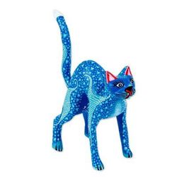 'Blue and Teal Alebrije Cat with Star-Like Patterns on Body'