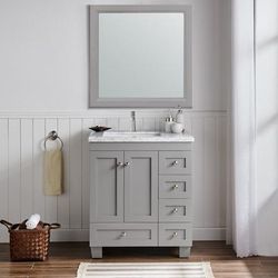 "Eviva Happy 30" x 18" Transitional Grey Bathroom Vanity with white carrera marble counter-top - Eviva EVVN30-30X18GR"