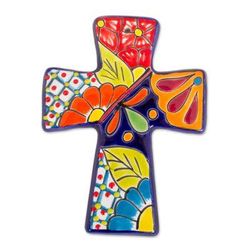 Spanish Faith,'Talavera-Style Ceramic Wall Cross from Mexico'