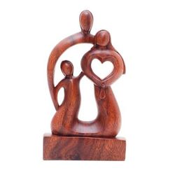 'Hand-Carved Polished Abstract Wood Sculpture of a Family'