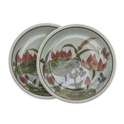 '2 Hand-Painted Celadon Ceramic Floral & Leaf Dessert Plates'
