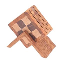 'Set of 4 Hand-Carved Checkered Wood Coasters with Stand'