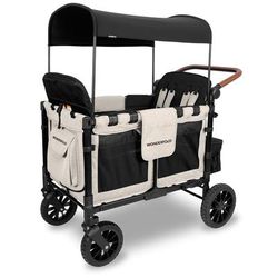 WonderFold W4 Luxe Multifunctional Quad (4 Seater) Stroller Wagon - Sandy Beige / Black Canopy (Albe