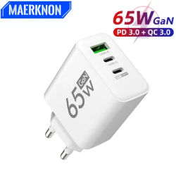 PD 65W USB C Charger GaN Charger Quick Charge 3.0 Type C Phone Adapter For iPhone 15 14 Samsung