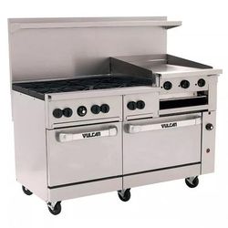 Vulcan 60SS-6B24GBN 60" 6 Burner Commercial Gas Range w/ Griddle/Broiler & 2 Standard Ovens, Natural Gas, 6 Open Burners w/ Griddle Broiler, Stainless Steel, Gas Type: NG