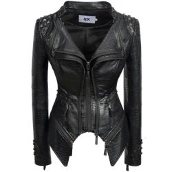 Fashion SX Women's Crocodile Rivet PU Jacket Perfect Shape Motorcycle Bicycle Jacket