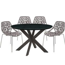 Leisuremod Ravenna Mid-Century Modern 5-Piece Metal Dining Set with 4 Stackable Plastic Chairs and Round Wood Table with Geometric Base for Kitchen and Dining Room - Leisurmod RTX47AC16TP4