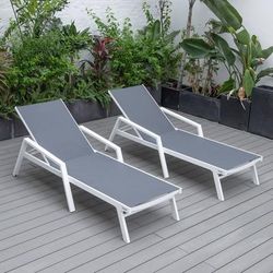 LeisureMod Marlin Patio Chaise Lounge Chair With Armrests in White Aluminum Frame, Set of 2 - Leisurmod MLAW-77DGR2