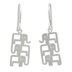'Brushed Sterling Silver Three-Elephant Dangle Earrings'