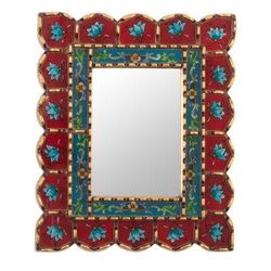 Cusco Blossoms in Red,'Red and Blue Reverse-Painted Glass Mirror'