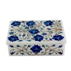 Marble inlay jewelry box, 'Wild Blue Flowers'