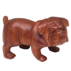 Fierce Bulldog,'Hand Carved Suar Wood Bulldog Puppy Sculpture from Bali'