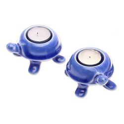 Blue Guide,'Handmade Turtle Ceramic Candleholders in a Blue Hue (Pair)'