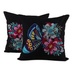 Butterfly Universe in Black,'Embroidered Black Butterfly Cotton Cushion Covers (Pair)'