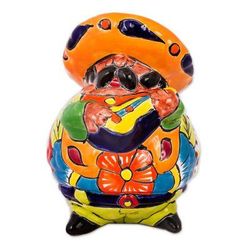 'Talavera-Style Ceramic Figurine of a Mariachi with a Guitar'