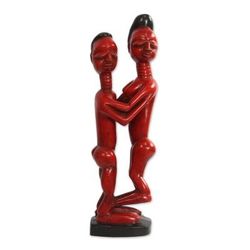 Red Lovers,'Romantic Sese Wood Sculpture in Red from Ghana'