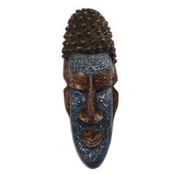 Kabuame Face,'Blue and Brown African Wood and Aluminum Mask from Ghana'
