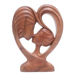 Heart's Kiss,'Hand Carved Romantic Suar Wood Sculpture'