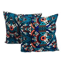Teal Heritage,'Pair of Geometric-Patterned Teal Cotton Cushion Covers'