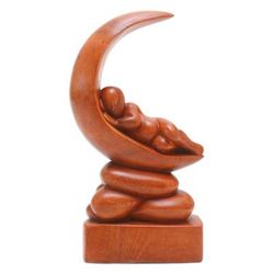 Dream Baby,'Suar Wood Figure Sculpture with Moon Motif'