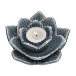 'Lotus-Shaped Celadon Ceramic Tealight Candleholder in Blue'