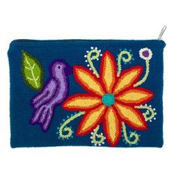 'Hand-Woven & Hand-Embroidered Wool Cosmetic Bag with Sparrow'