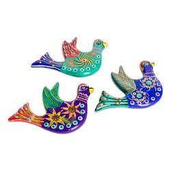 '3 Dove Ceramic Magnets with Hand-Painted Floral Accents'