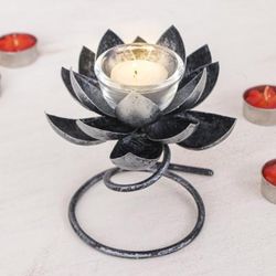 Lotus Flame,'Steel & Iron Lotus Flower Tealight Holder in Silver & Black'