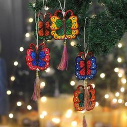 'Set of 5 Hand-Painted Butterfly Leather Ornaments'