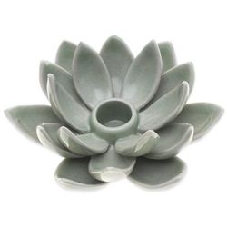 Lotus Splendor in Green,'Green Celadon Ceramic Candle Holder with Lotus Flower Motif'
