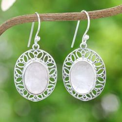 Unconditional Lotus,'High Polished Floral Natural Rose Quartz Dangle Earrings'
