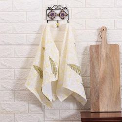 '2 Cotton Dish Towels with Hand-Block Printed Leaf Motifs'