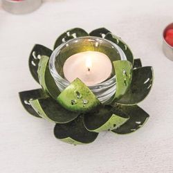 Precious Lotus in Light Green,'Handcrafted Light Green Steel Lotus Flower Tealight Holder'