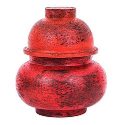 Chinese Red,'Antiqued Red Wood Decorative Jar Handmade in Thailand'