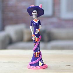 Lady Catrina at Night,'Painted Butterfly Lady Catrina Ceramic Sculpture in Blue'
