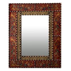 Red Peruvian Elegance,'Reverse Painted Glass and Wood Framed Wall Mirror from Peru'