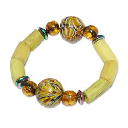 'Yellow-Toned Recycled Glass and Plastic Beaded Bracelet'
